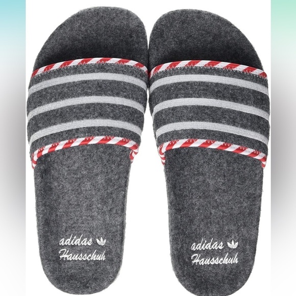 Adidas Adilette Hausschuh Grey Felt Wool‎ Slides Mens Slippers NEW 7 US
